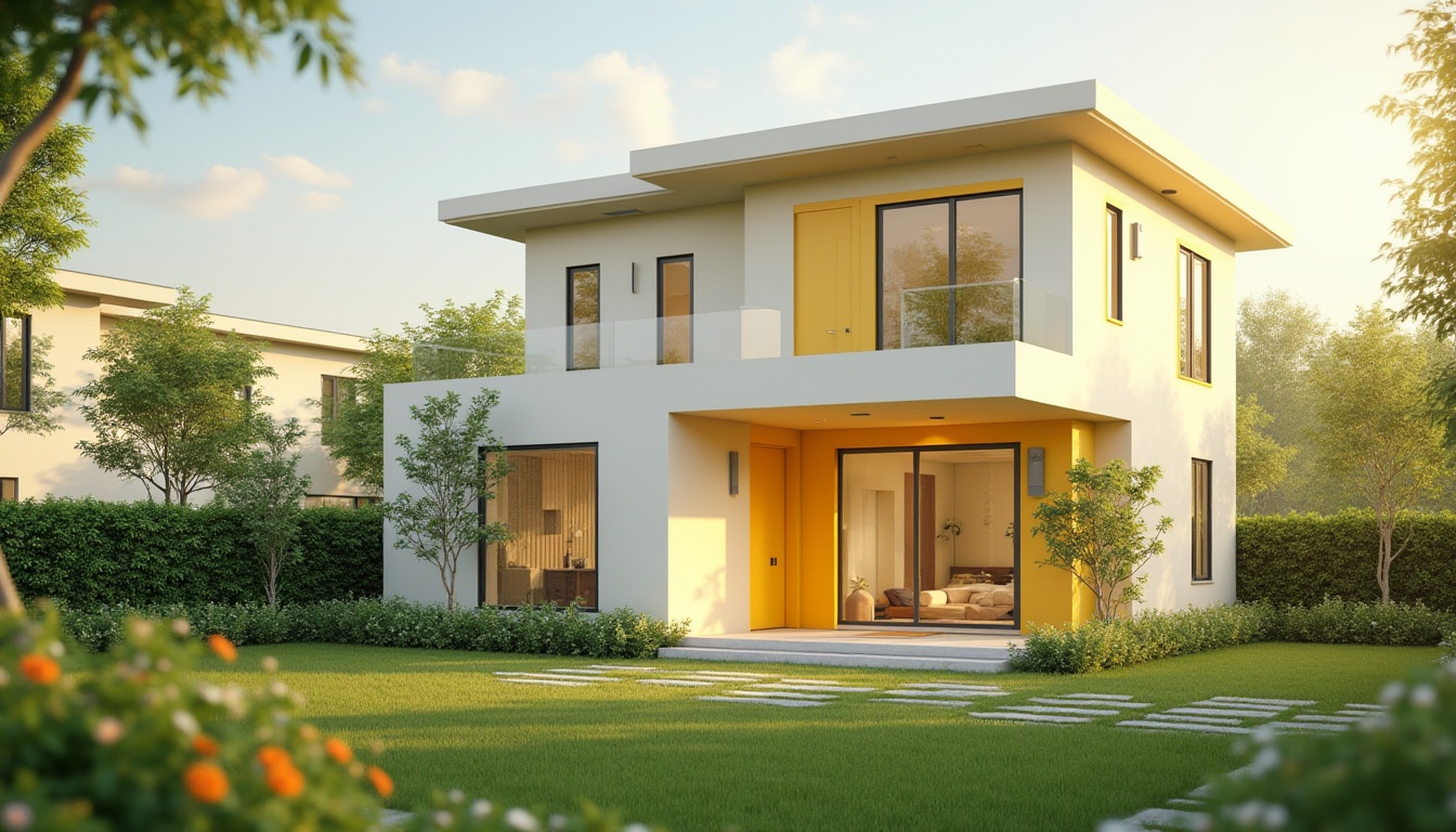 Prompt: Yellow accents, suburban house, two-story building, modern design, clean lines, rectangular shape, bright yellow door, white walls, large windows, sliding glass doors, greenery surroundings, lush lawn, blooming flowers, sunlit afternoon, warm ambient lighting, 3/4 composition, soft focus, vibrant colors, playful atmosphere, residential area, quiet neighborhood, peaceful ambiance.