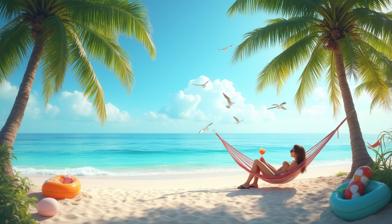 Prompt: Seaside, serene atmosphere, warm sunny day, gentle ocean breeze, clear blue sky with few white clouds, soft sandy beach, calm turquoise water, subtle waves gently lapping at the shore, a few palm trees swaying in the wind, colorful beach balls and inflatables scattered around, a hammock between two palms, a person relaxing on it, wearing sunglasses, casual summer clothes, flip flops, holding a refreshing cocktail, distant seagulls flying overhead, warm soft lighting, 3/4 composition, cinematic colors, shallow depth of field.