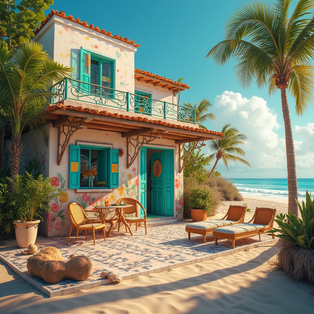 Prompt: Vibrant beachside villa, eclectic style, colorful glass decorations, stained glass windows, turquoise doors, mismatched furniture, floral patterns, pastel hues, wavy lines, rattan chairs, Moroccan tiles, tropical plants, palm trees, hibiscus flowers, seashells, driftwood, warm sandy beach, clear blue sky, fluffy white clouds, sun glare, shallow depth of field, warm lighting, 3/4 composition, cinematic atmosphere.