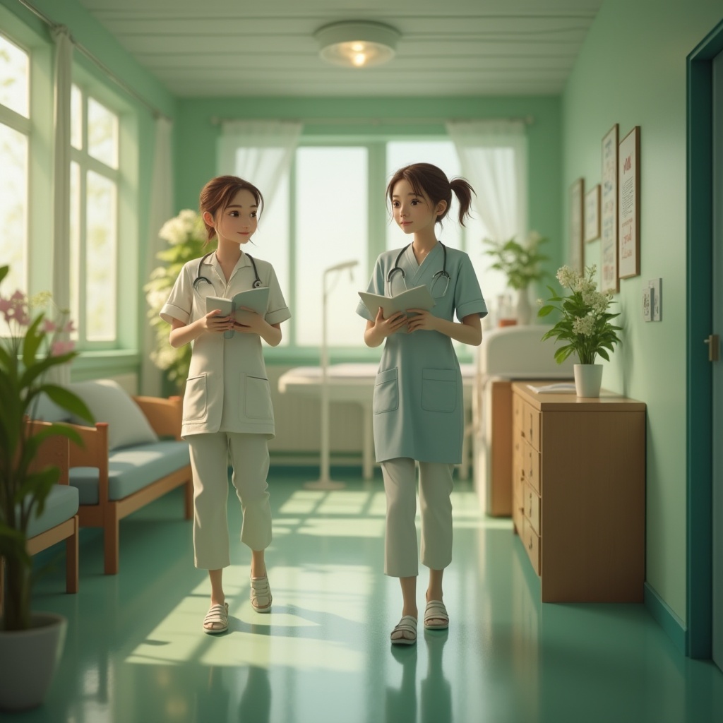 Prompt: calming hospital interior, green walls, natural plants, wooden furniture, large windows, abundant sunlight, peaceful atmosphere, nurse, doctor, patient, reading book, wearing casual clothes, gentle smile, soft facial expression, subtle makeup, messy hair, stethoscope around neck, walking slowly, medical equipment in background, flowers on table, green carpet, minimal decorations, soft lighting, warm color tone, shallow depth of field.