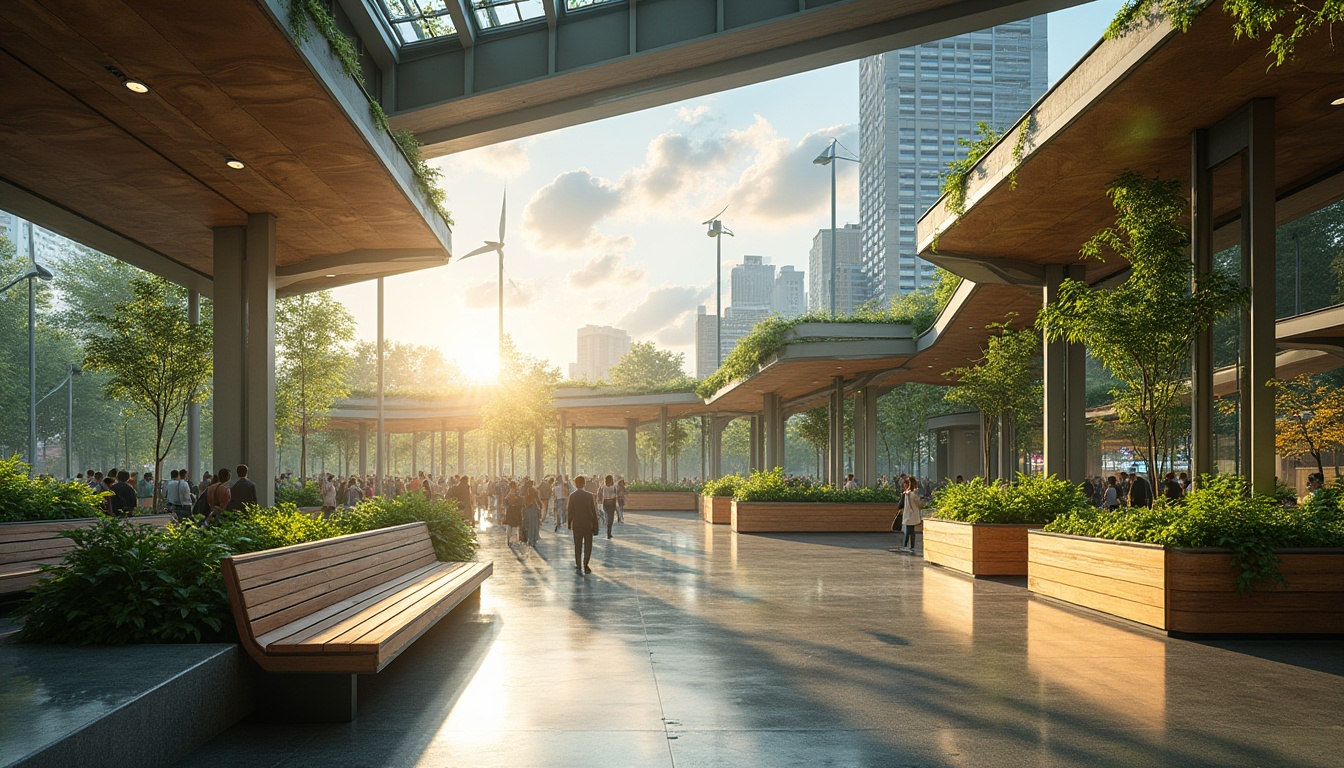 Prompt: Modern bus station, sustainable design, eco-friendly materials, green roof, solar panels, wind turbines, recycling facilities, rainwater harvesting system, energy-efficient LED lighting, natural ventilation, spacious interior, high ceilings, wooden benches, living walls, lush greenery, urban oasis, bustling city, morning commute, warm sunlight, shallow depth of field, realistic ambiance, cinematic composition.