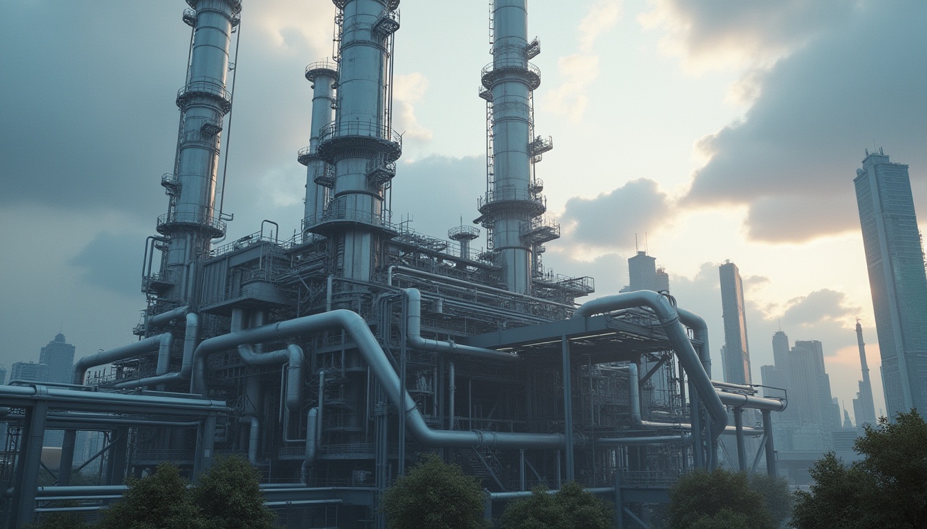 Prompt: Modern, sleek, futuristic energy plant, structuralism style, abstract geometric shapes, metallic materials, silver and gray hues, intricate pipelines, complex machinery, industrial atmosphere, urban setting, cityscape, skyscrapers in the background, cloudy sky with sunbeams, dramatic lighting, low-angle shot, cinematic composition, 3/4 view, shallow depth of field, realistic textures, detailed reflections, ambient occlusion, high-tech ambiance.