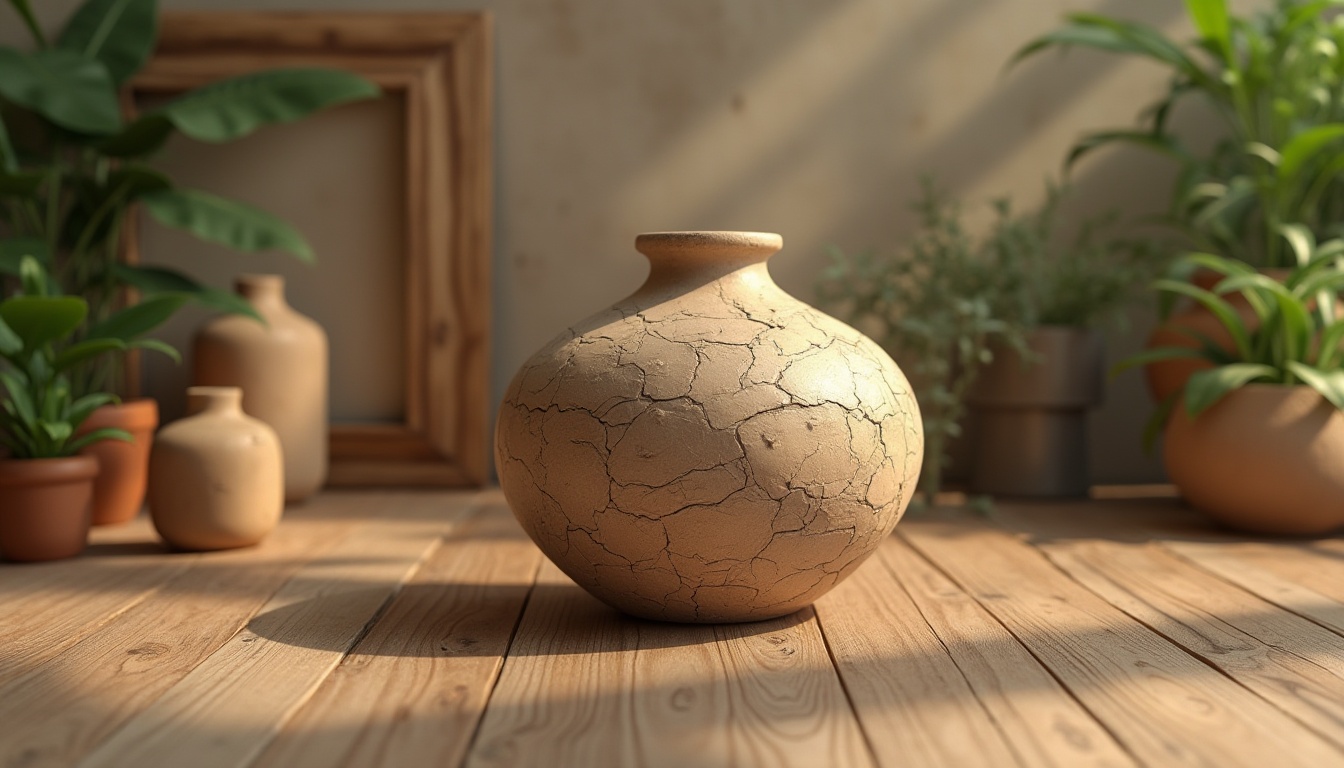 Prompt: Natural scenery, mud material, earthy tone, rough texture, organic shape, modern design, indoor decoration, vase, pottery, furniture, rustic style, wooden accents, greenery, plants, natural lighting, warm ambiance, cozy atmosphere, 3/4 composition, shallow depth of field, warm color palette, artistic still life.