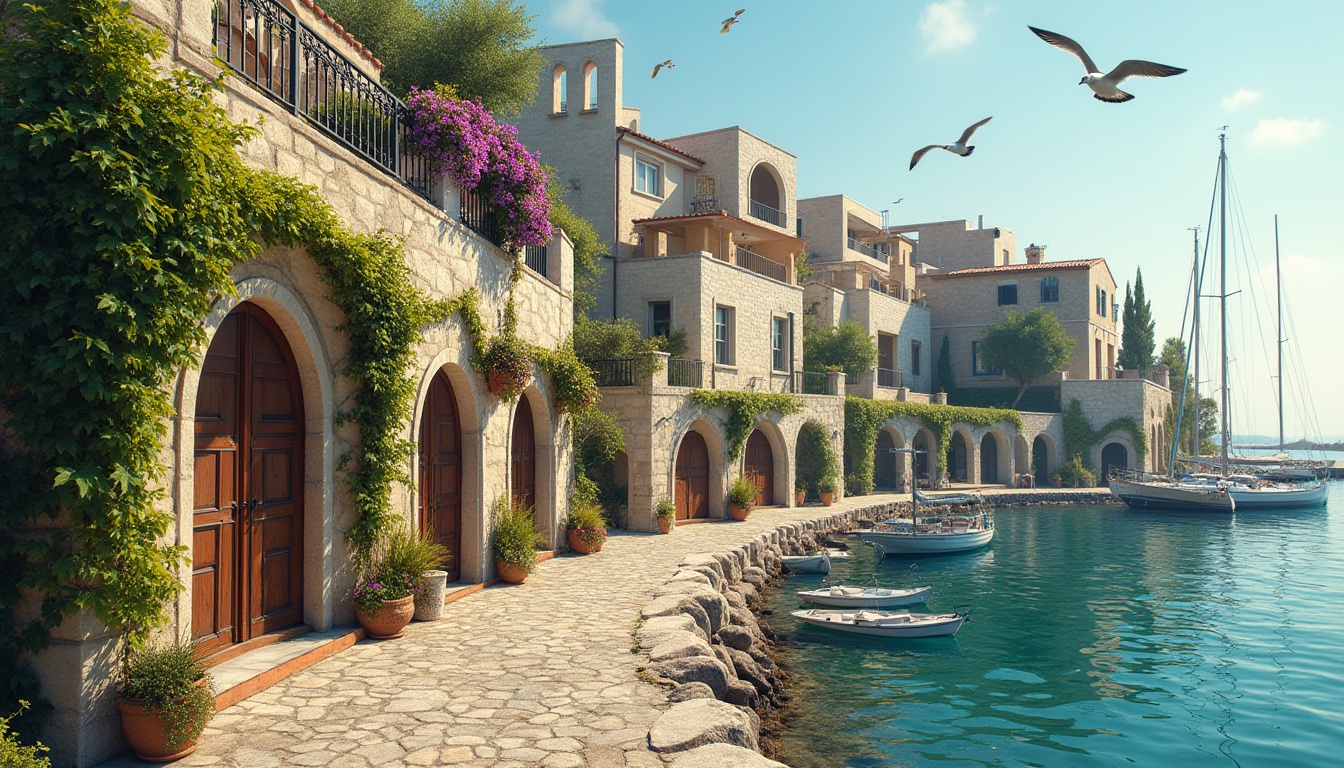 Prompt: Coastal Romanesque architecture, sustainable practices, eco-friendly materials, recycled stone walls, green roofs, solar panels, wind turbines, Mediterranean climate, seaside town, narrow cobblestone streets, old wooden doors, vines climbing up buildings, blooming flowers in window boxes, rustic balconies, curved archways, ornate columns, turquoise waters, sailboats docked at the harbor, seagulls flying overhead, warm sunlight, soft gentle breeze, 3/4 composition, natural lighting, cinematic ambiance.