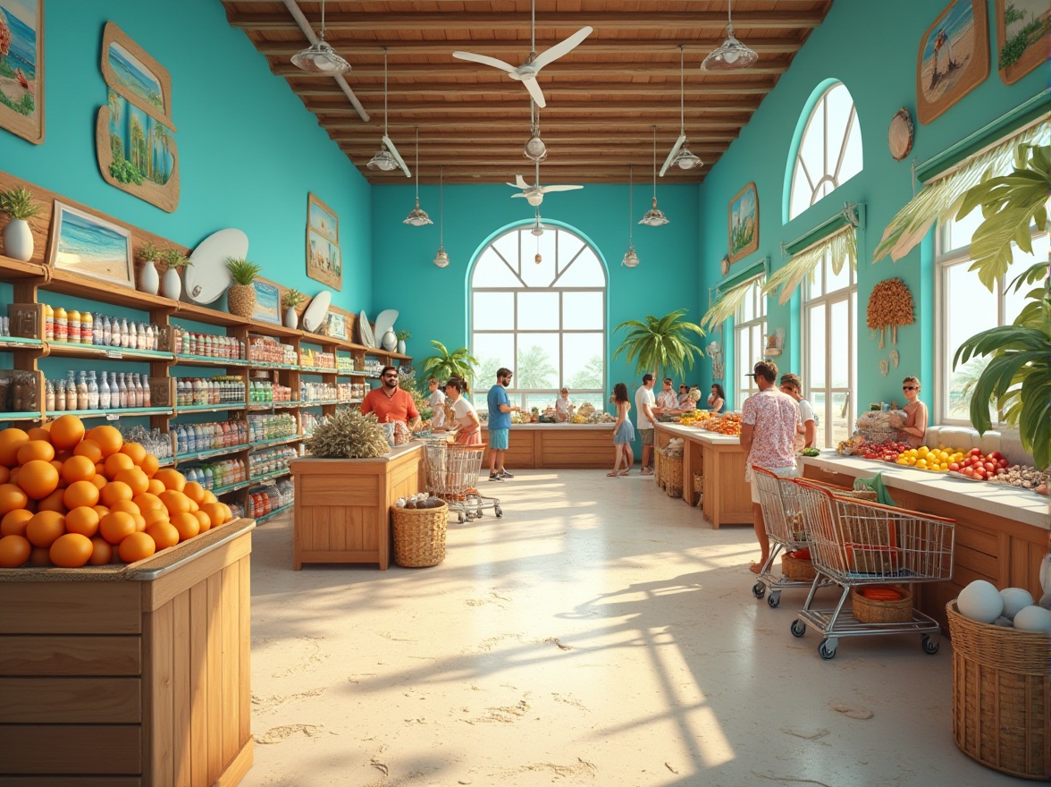 Prompt: Beach-themed grocery store interior, vibrant ocean blue walls, sandy beige floors, seashell decorations, surfboard-inspired shelves, wicker baskets, beach balls, tropical fruit stands, palm tree centerpieces, refreshing ocean breeze ambiance, natural light pouring in through large windows, customers wearing sunglasses and casual summer attire, shopping carts resembling mini surfboards, checkout counters designed like beach huts, staff dressed in Hawaiian shirts and beach hats, warm and inviting atmosphere.