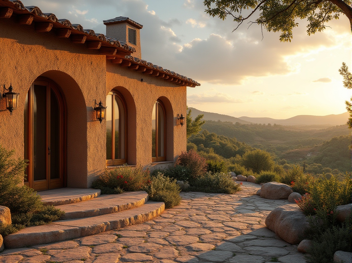 Prompt: Wineries, Mediterranean villa, earthy tone, rustic style, rammed earth material, natural texture, rough surface, organic shape, curved lines, arched doorway, stone-like walls, wooden accents, large windows, panoramic view, vineyard surroundings, rolling hills, lush greenery, warm sunset lighting, soft shadows, 3/4 composition, ambient light.