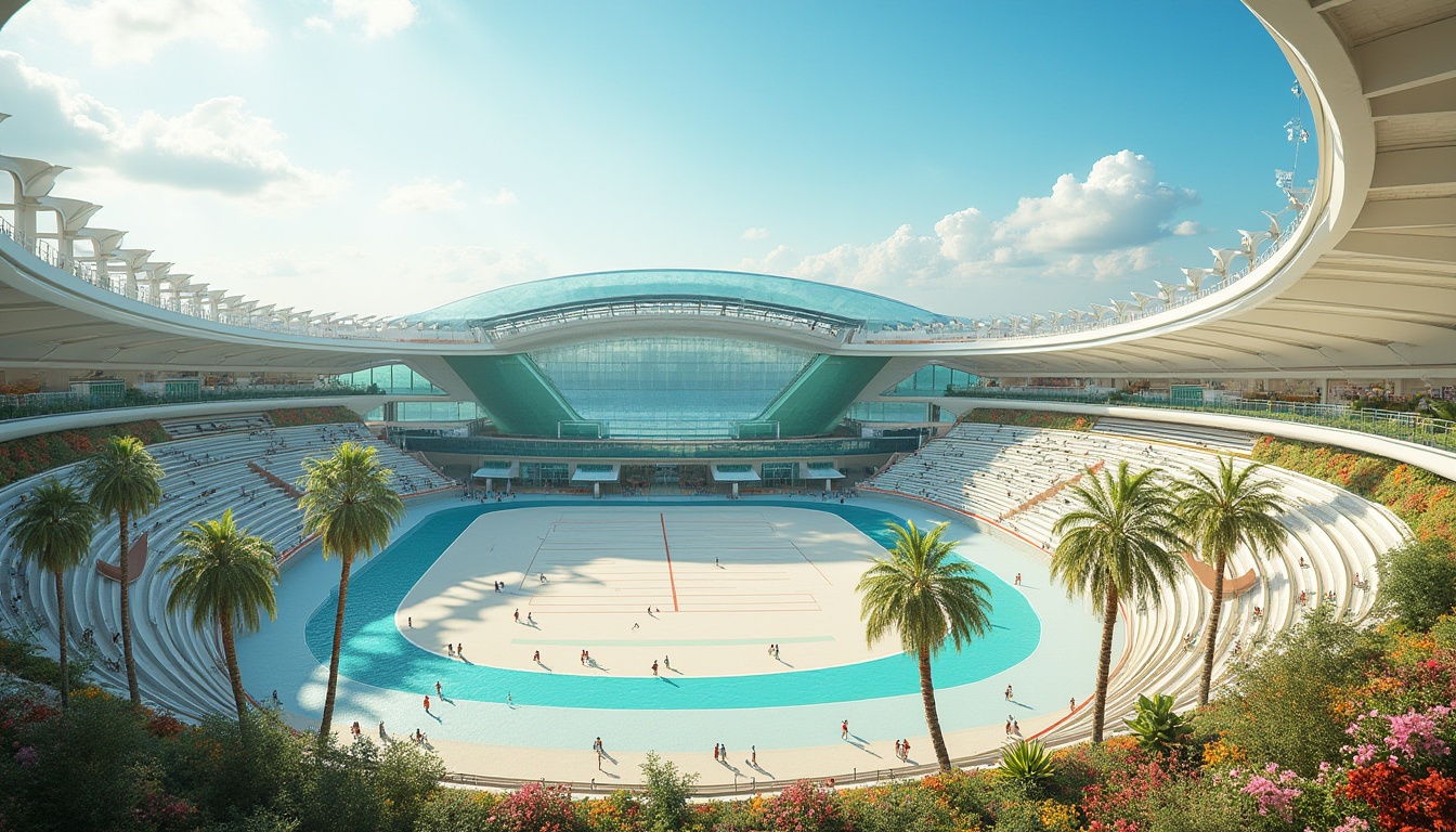 Prompt: Beach-inspired stadium design, futuristic architecture, large transparent dome, wave-shaped roof, sandy white exterior walls, turquoise glass windows, coral-patterned seats, ocean-blue track, palm trees surrounding the perimeter, lifeguard towers converted into VIP boxes, beach volleyball court incorporated into the stadium design, tropical plants and flowers decorating the concourse, sunny day with a few puffy clouds, soft warm lighting, panoramic view, 3/4 composition, HDR, cinematic ambiance.