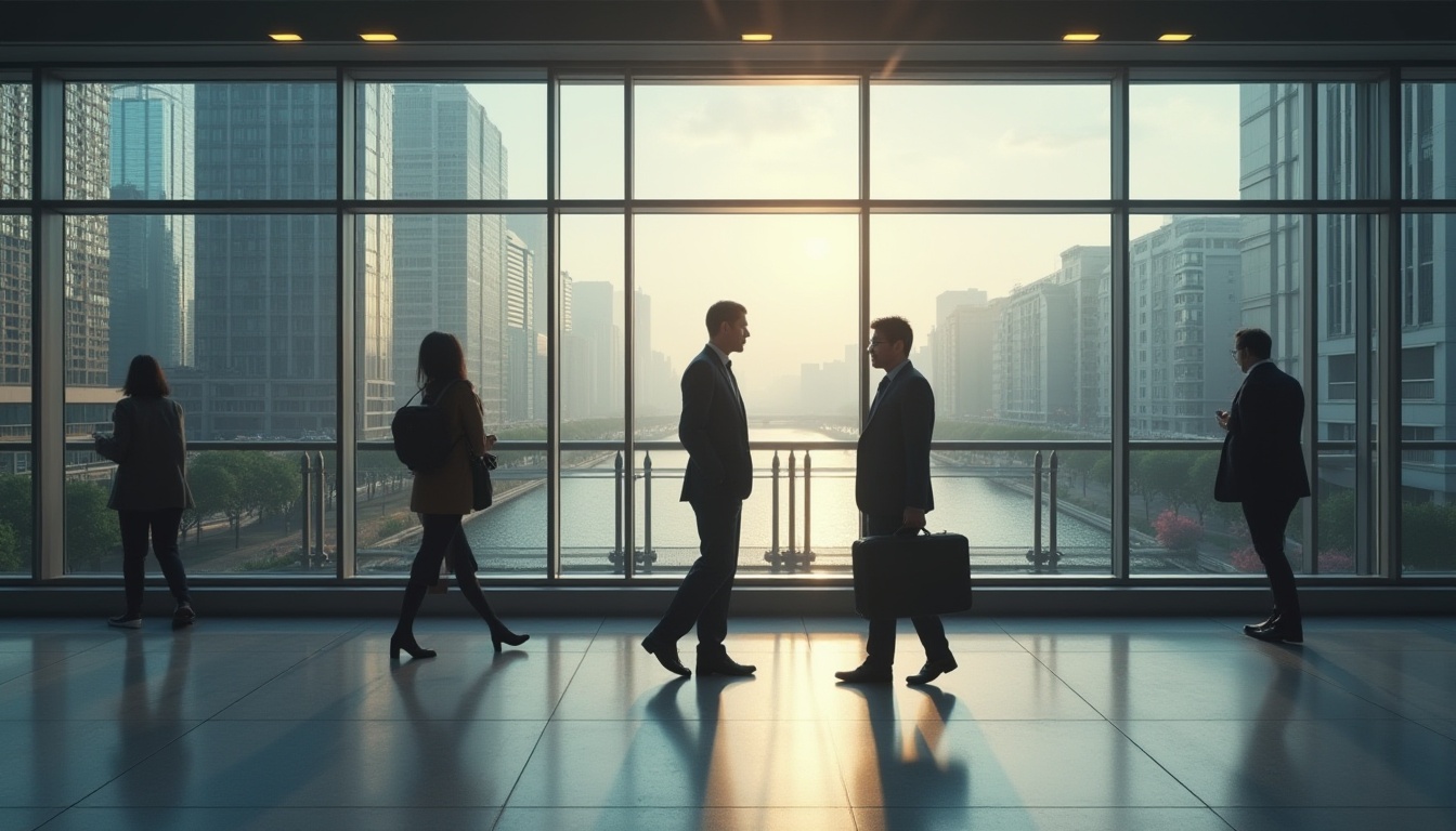 Prompt: Riverbank-inspired metro station, modern architecture, large glass windows, natural light, scenic river views, bustling city atmosphere, morning commuters, solo businessman, briefcase, suit, tie, black hair, glasses, facial close-up, 3/4 composition, soft lighting, depth of field, realistic rendering, ambient occlusion, cinematic mood, vibrant city colors, subtle reflections on glass surface.