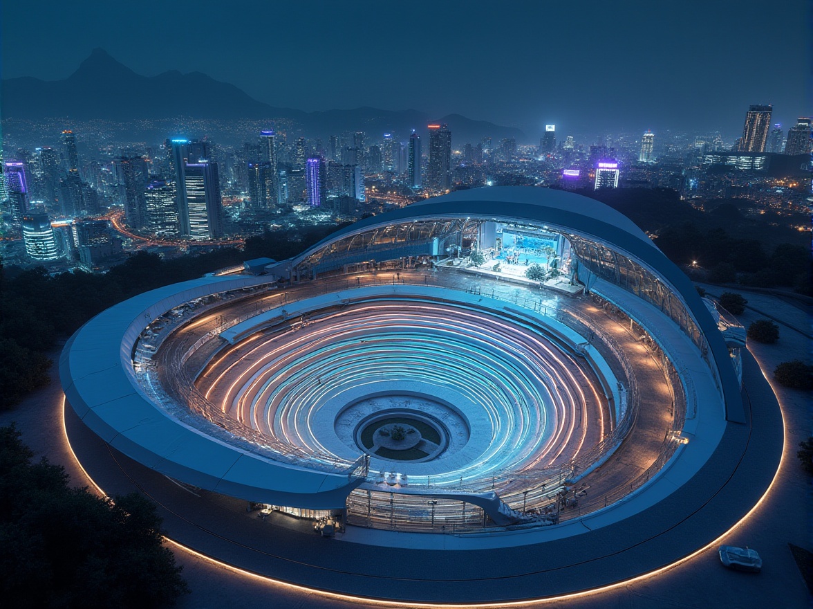 Prompt: Futuristic amphitheater, innovative architecture, circular structure, tiered seating, sleek metal framework, glass roofing, LED lights embedded in floor, surrounding cityscape, skyscrapers, modern urban landscape, nighttime scene, vibrant neon lights, dramatic shadows, 3/4 composition, low-angle shot, cinematic mood, HDR rendering.