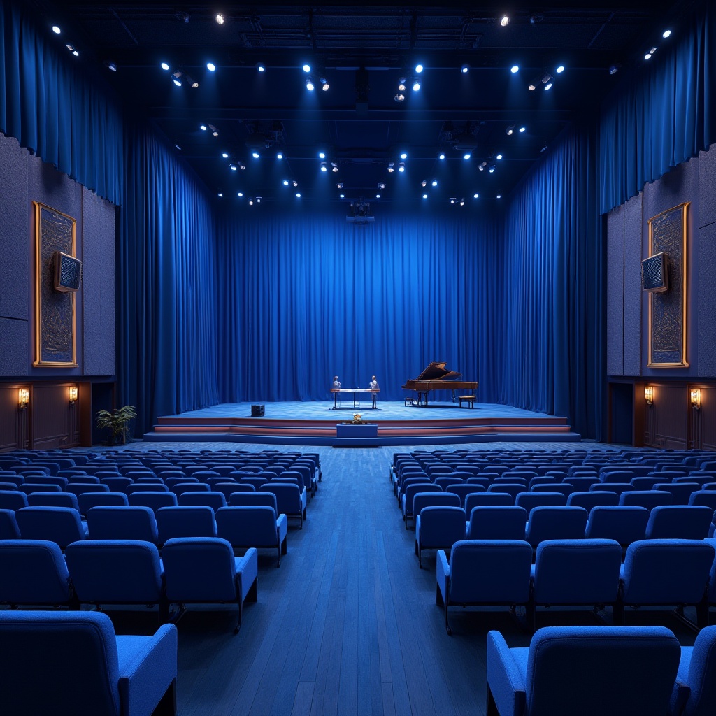 Prompt: Modern auditorium, blue theme, spacious interior, high ceiling, blue velvet curtains, rows of blue upholstered seats, polished wooden floor, blue LED lighting, spotlight beams, subtle blue glow, ornate blue and gold decorations, grand piano on stage, microphone stand, lectern, professional audio equipment, soft blue carpet, acoustic panels, soundproofing materials, minimalist modern architecture, angular lines, geometric shapes, urban cityscape outside, evening atmosphere, warm and inviting ambient lighting.