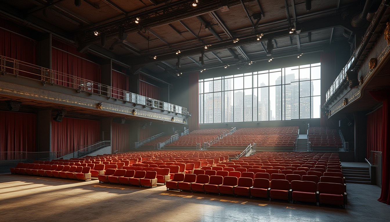 Prompt: Modern auditorium interior, steel beams, exposed ductwork, industrial chic, spotlights, rows of sleek wooden chairs, steel railing, staircases with glass banisters, grand stage, red velvet curtains, ornate golden details, polished concrete floor, urban cityscape outside, daytime natural light pouring in through large windows, low-angle shot, dramatic shadows, cinematic composition.