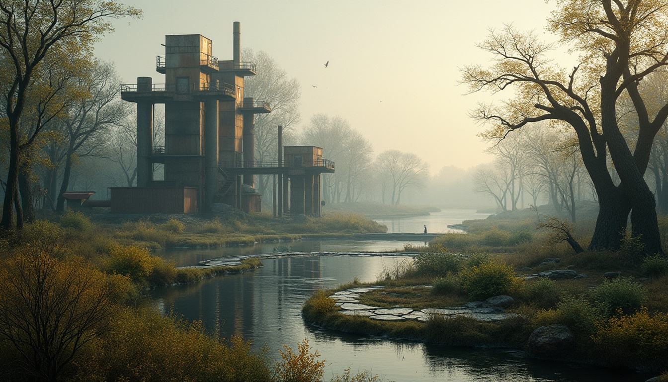 Prompt: Wetland landscape, Bar Constructivism style, abstract geometric structures, metallic materials, rusted steel, industrial pipes, reclaimed wood, reflective surfaces, misty atmosphere, warm lighting, dramatic shadows, vibrant green vegetation, twisted tree branches, murky waters, stepping stones, winding boardwalks, observation decks, birdwatching, panoramic view, 3/4 composition, soft focus, cinematic mood.