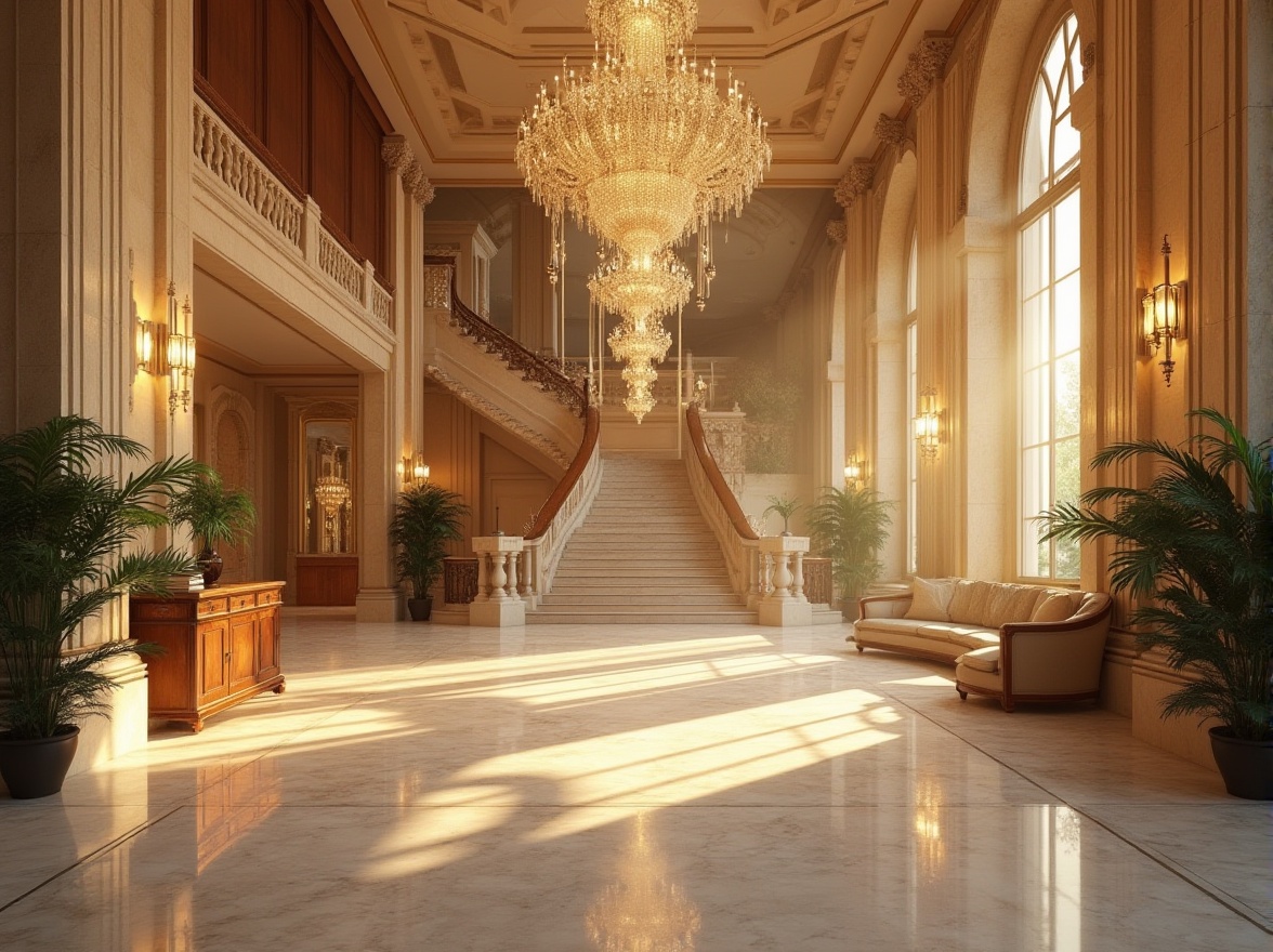 Prompt: Luxurious hotel lobby, grand staircase, limestone walls, marble floors, elegant chandeliers, soft golden lighting, warm atmosphere, comfortable seating area, potted plants, natural texture, sophisticated architectural details, ornate columns, high ceiling, panoramic view, symmetrical composition, morning sunlight, warm beige color tone.