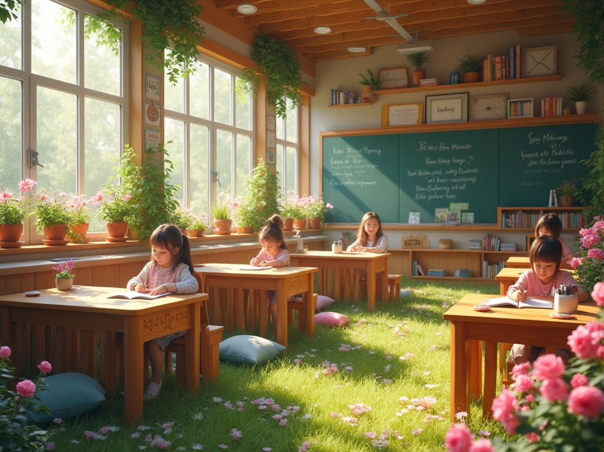 Prompt: Meadow-inspired learning environment, vibrant flowers blooming in pastel colors, lush green grass, wooden desks with carved flower patterns, comfortable cushions in soft colors, warm sunlight streaming through large windows, gentle breeze rustling leaves of potted plants, inspirational quotes on chalkboards, colorful books and stationery on shelves, a few students chatting quietly, others intently reading or writing, peaceful atmosphere, natural wood accents, earthy tones, 3/4 composition, soft focus, warm lighting.