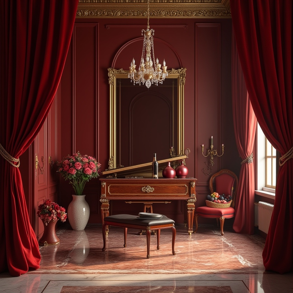 Prompt: Burgundy color, luxurious interior design, velvet fabric, ornate gold frame, lavish chandelier, marble floor, rich detailed wood furniture, grand piano, red wine bottle, fruit basket, elegant vase, flower arrangement, soft warm lighting, afternoon sunbeam, 3/4 composition, shallow depth of field, cinematic mood, romantic atmosphere.