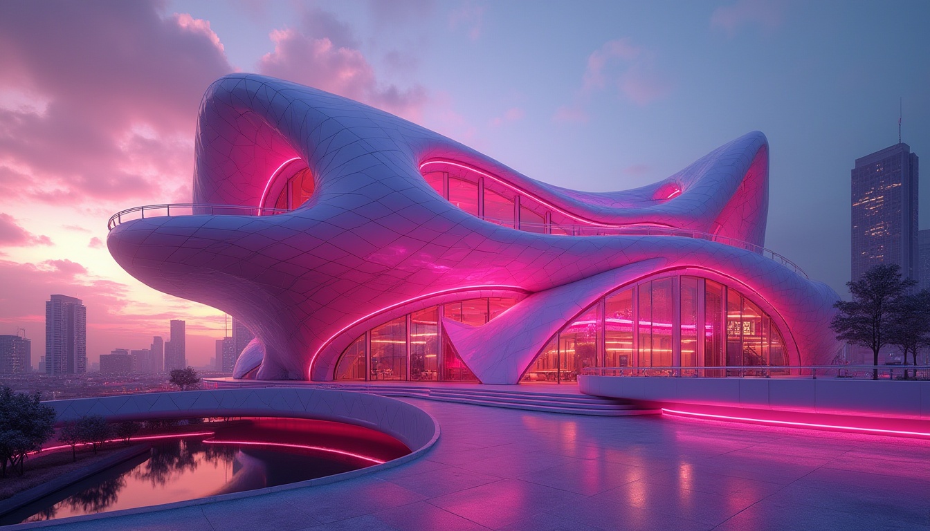 Prompt: Futuristic architecture, vibrant fuchsia building, curved lines, metallic material, glossy finish, neon lights, urban cityscape, evening time, dramatic clouds, bold composition, low-angle shot, cinematic lighting, 3D modeling, abstract geometric shapes, modern skyscraper, rooftop garden, intricate details, reflective surfaces, avant-garde style, sleek lines, innovative design.