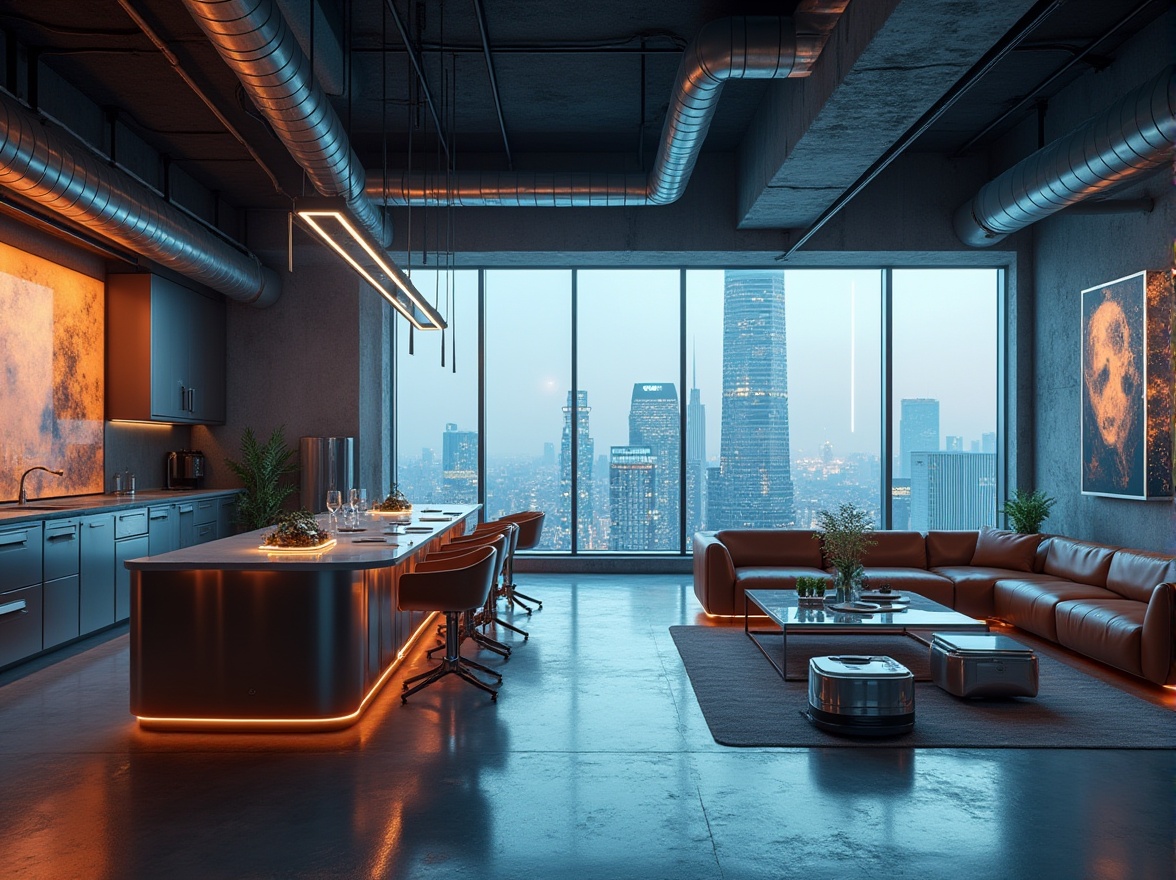 Prompt: High-tech interior, modern futuristic style, sleek lines, metallic materials, neon lights, LED strips, glass tables, leather sofas, abstract art pieces, minimalist decor, cityscape view, floor-to-ceiling windows, concrete floors, industrial pipes exposed, stainless steel kitchen appliances, robotic vacuum cleaner, ambient lighting, cinematic composition, 3/4 shot, shallow depth of field.