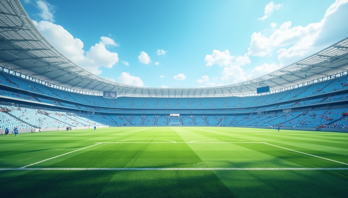 Prompt: stadium, athletic field, refreshing atmosphere, light blue seating, bright sunny day, fluffy white clouds, clear sky, green grass, soccer players, jerseys, sports shoes, goalposts, scoreboard, cheering crowd, panoramic view, 3/4 composition, soft natural lighting, vibrant colors.