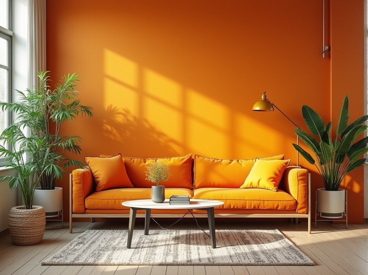 Prompt: Tangerine color, vibrant accent, minimalist interior, Scandinavian style, living room, modern sofa, sleek coffee table, geometric patterned rug, industrial metal floor lamp, lush greenery, potted plants, natural light pouring through large windows, 3/4 composition, warm atmosphere, cozy ambiance, soft focus.