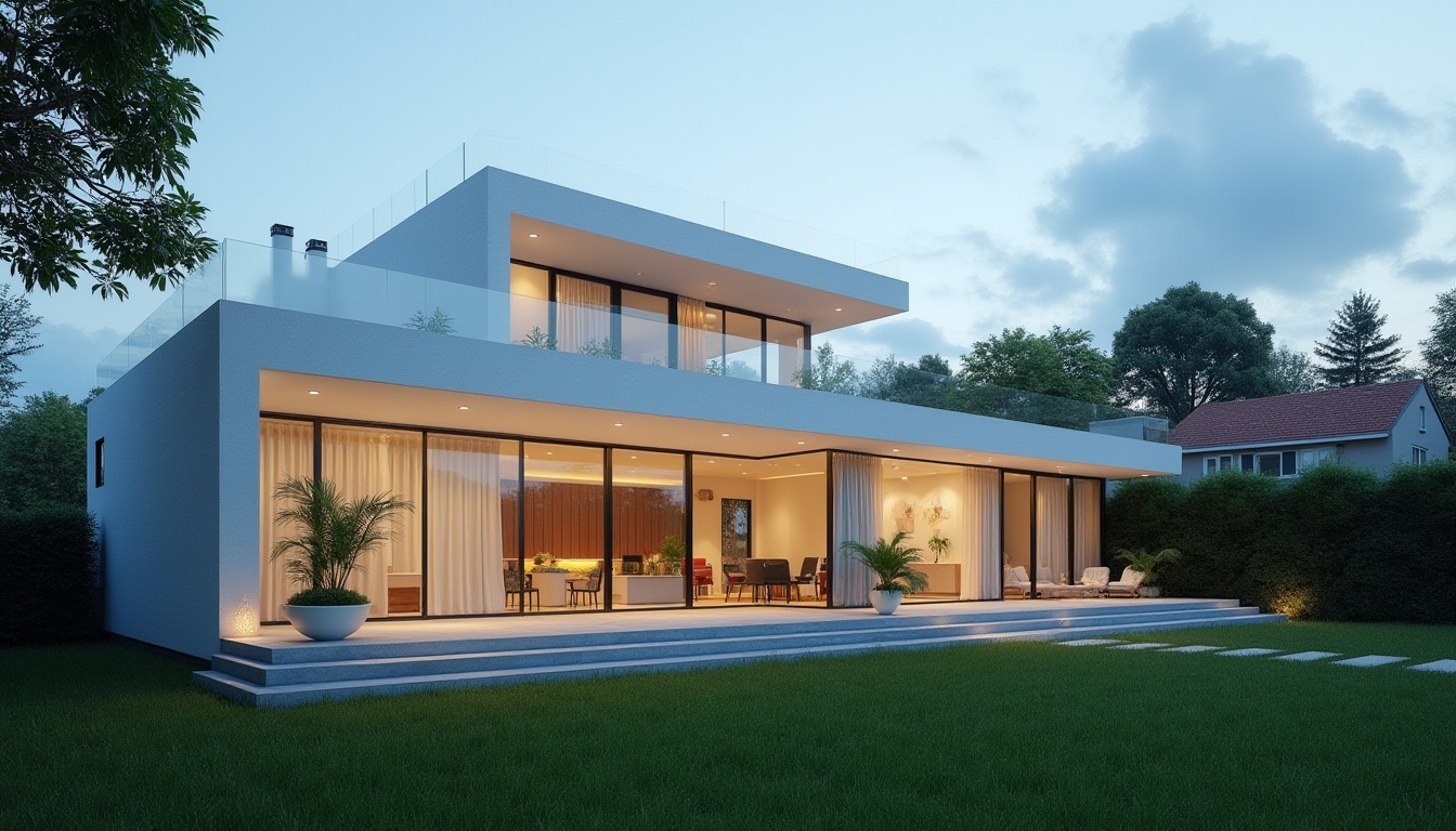 Prompt: Suburban residence, minimalist architecture, white exterior walls, large windows, sliding glass doors, modern simplicity, greenery surroundings, trimmed lawn, few ornamental plants, subtle outdoor lighting, warm evening ambiance, 3/4 composition, soft focus, natural textures, residential neighborhood, peaceful atmosphere, distant trees, blue sky with few clouds, shallow depth of field.