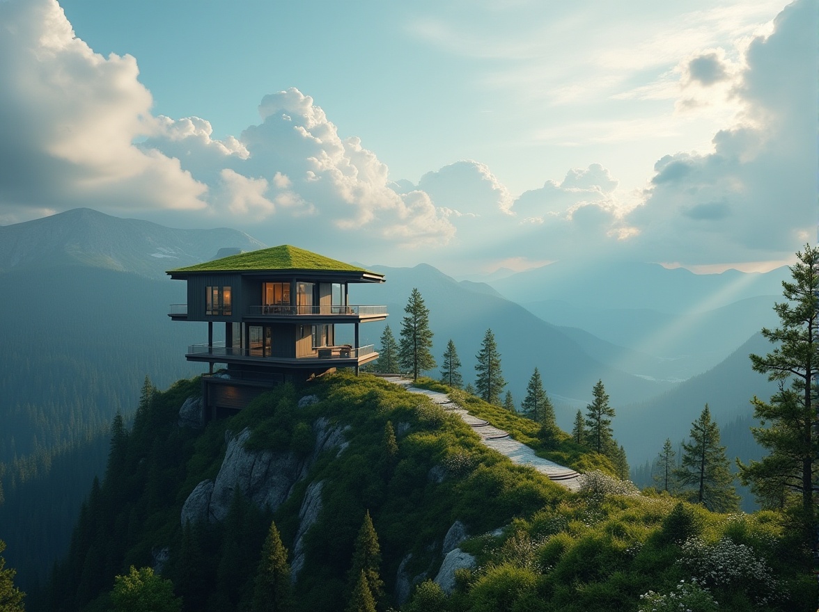 Prompt: Sustainable watching tower, modern architecture, eco-friendly design, green roof, solar panels, recyclable materials, minimalist interior, natural light, panoramic view, 3/4 composition, dramatic clouds, blue sky, mountainside, forest surroundings, trees, wildflowers, misty atmosphere, soft warm lighting, cinematic mood.