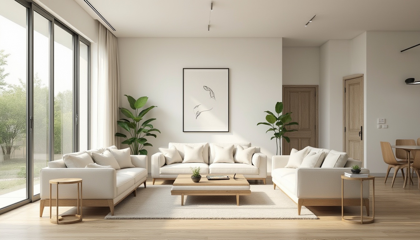 Prompt: Suburban residence, minimalist design, simple clean lines, white walls, large windows, natural light pouring in, sparse greenery, modern furniture, low-profile sofas, sleek coffee table, abstract artwork, cream-colored curtains, wooden flooring, subtle textures, calm atmosphere, afternoon sunlight, warm tones, 3/4 composition, soft focus, serene ambiance.