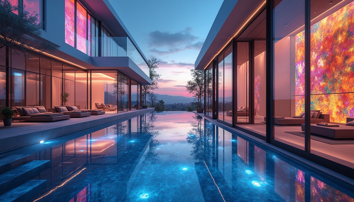 Prompt: Modern building, luxurious villa, colorful glass walls, transparent glass floors, abstract art installation, LED lights, futuristic atmosphere, cityscape background, evening time, warm lighting, panoramic view, high-angle shot, detailed reflection on glass surface, metallic frame, geometric pattern, minimalist interior design.