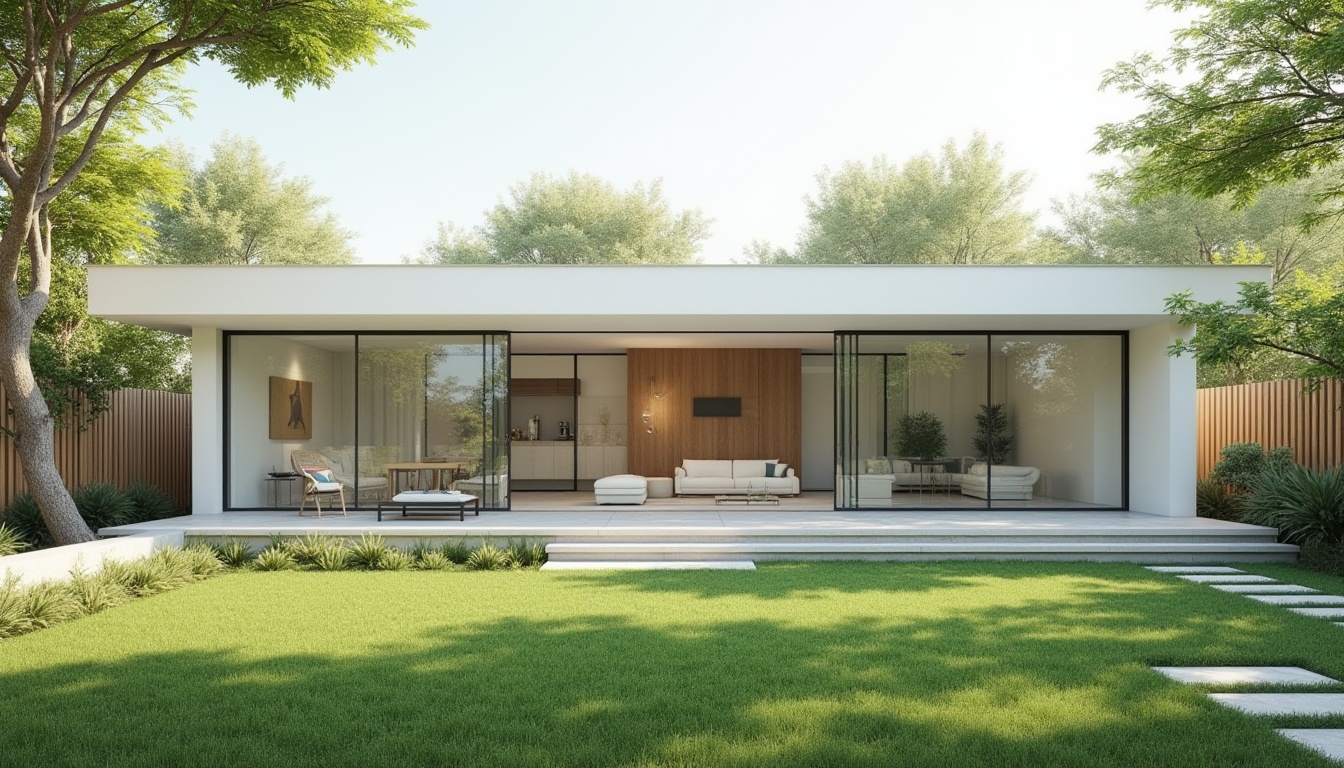 Prompt: Suburban landscape, minimalist design, modern villa, clean lines, simplicity, empty space, calm atmosphere, green lawn, few trees, simple flower beds, low-maintenance plants, stone pathway, wooden fence, sliding glass doors, natural light, airy interior, minimal decor, functional furniture, pastel color palette, soft sunlight filtering through windows, 3/4 composition, shallow depth of field.