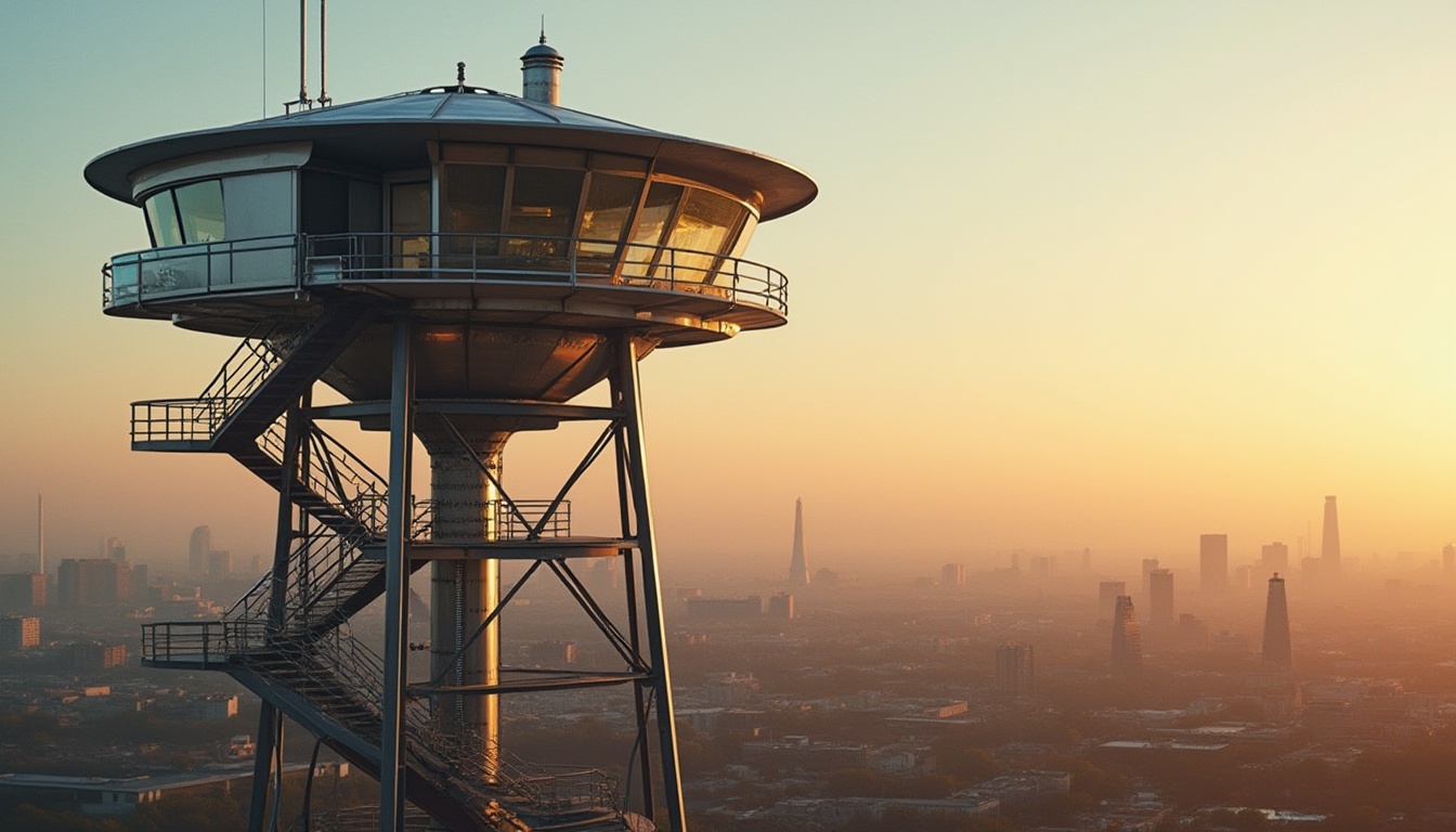 Prompt: Watching tower, steel-framed structure, modern design, sleek lines, silver metallic finish, reflective glass windows, minimal ornamentation, futuristic vibe, urban landscape, cityscape background, sunset ambiance, warm golden lighting, sharp angles, geometric shapes, industrial materials, durability emphasis, sustainability focus, eco-friendly architecture, 3/4 composition, low-angle shot, dramatic shadows, high-contrast image.