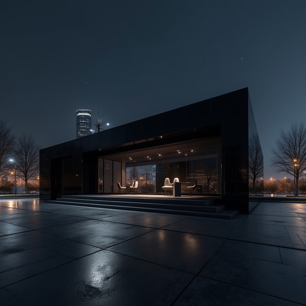 Prompt: Modern black pavilion, geometric shape, sleek lines, minimalist design, glossy black surface, reflective material, metallic texture, angular structure, futuristic ambiance, solo standing, night scene, cityscape background, bright streetlights, subtle shadows, dramatic lighting, low-angle shot, cinematic composition, 4K resolution.