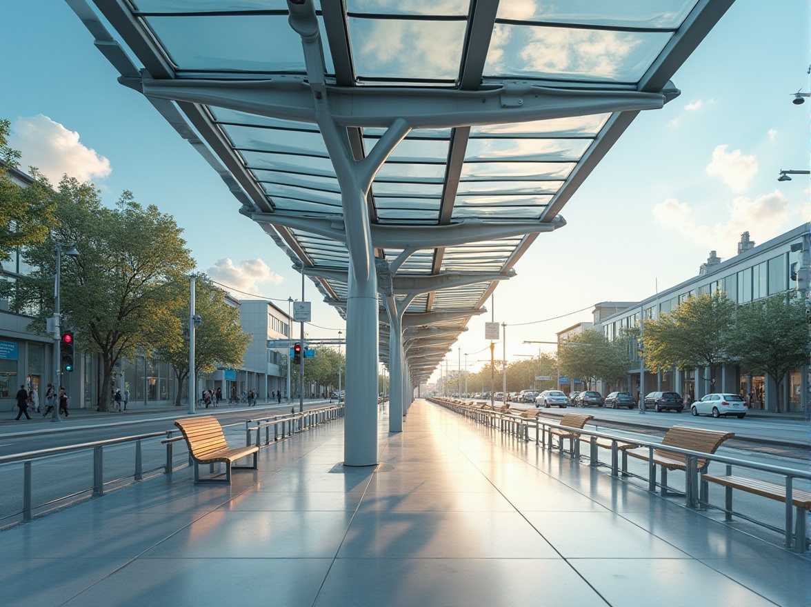 Prompt: Modern bus station, daytime, natural light, Fibreglass roofing, sleek silver framework, transparent glass panels, reflective surface, shiny clean floor, rows of benches, stainless steel handrails, urban landscape, cityscape, busy street, traffic lights, pedestrian crossing, blue sky with few white clouds, warm sunlight, low-angle shot, 3/4 composition, shallow depth of field, realistic rendering.