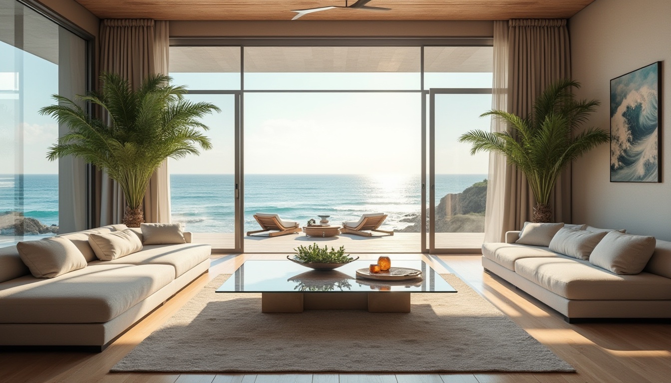 Prompt: Modern beach villa, luxurious interior design, large floor-to-ceiling windows, panoramic ocean view, sleek minimalistic furniture, glass coffee table, geometric patterned rug, potted palm trees, abstract wall art, coastal color palette, natural textures, wave-inspired decorative elements, 3/4 composition, soft warm lighting, morning sunbeams, beachy ambiance, tropical plants, driftwood accents, reflective surfaces, minimalist decor, calm atmosphere.