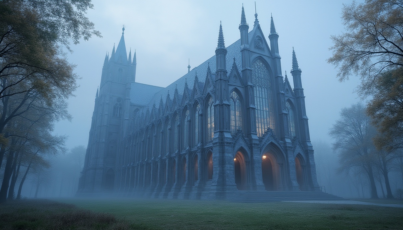 Prompt: Periwinkle colored Gothic church, grandiose, intricate stone carvings, stained glass windows, majestic arches, ribbed vaults, ornate pillars, periwinkle hue dominating the facade, subtle gradient effect on the walls, soft morning light, dew-kissed grass, surrounding serene landscape, misty atmosphere, atmospheric perspective, cinematic composition, HDR.