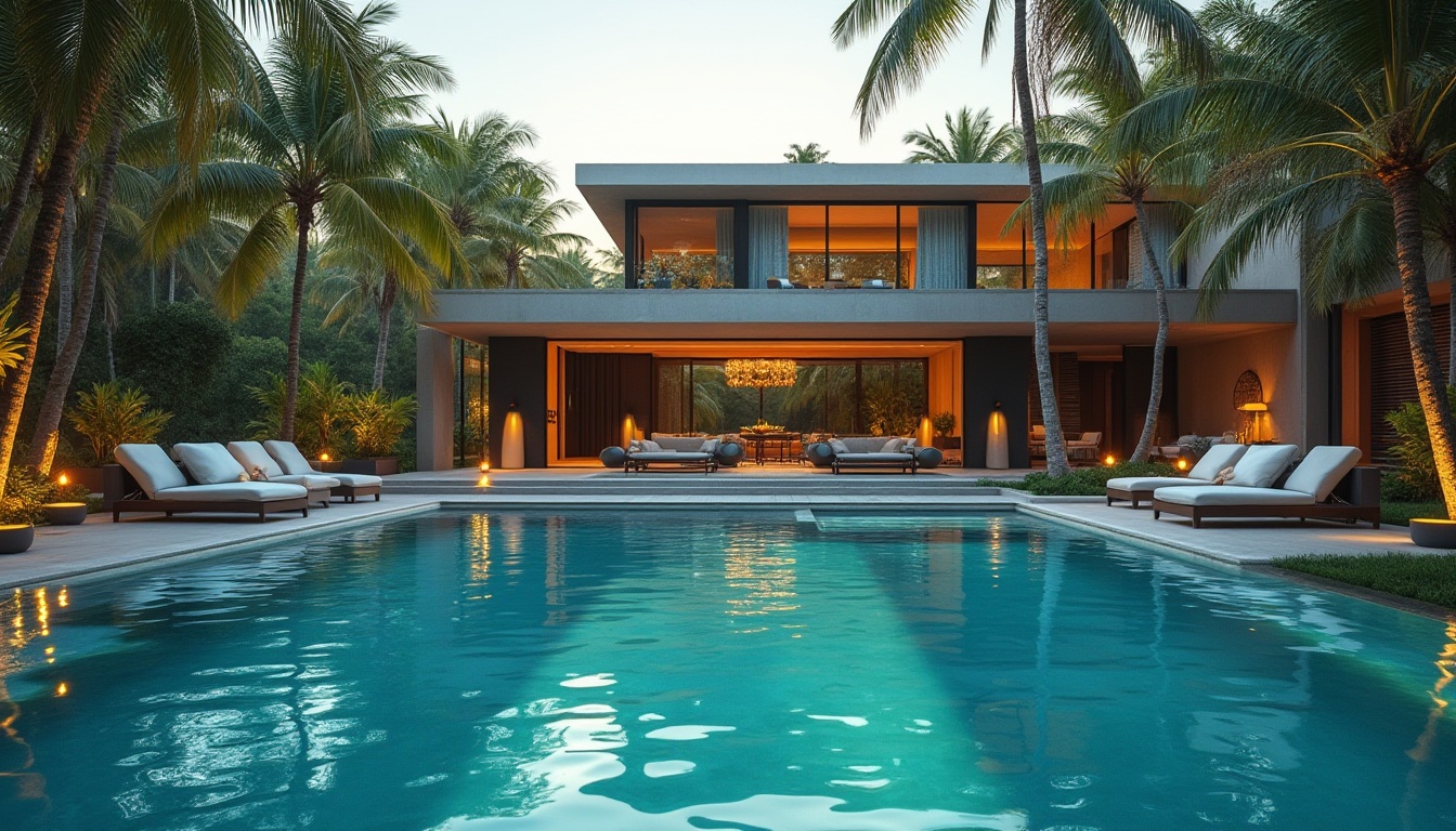 Prompt: Dark cyan pool, luxurious villa, tropical atmosphere, palm trees surrounding, sunny day, warm light, gentle ripples on water surface, outdoor furniture with white cushions, few floating candles, steps leading to the pool, modern architecture, sleek lines, rectangular shape, calm ambiance, refreshing getaway, soft focus, shallow depth of field, vibrant color contrast, cinematic composition.