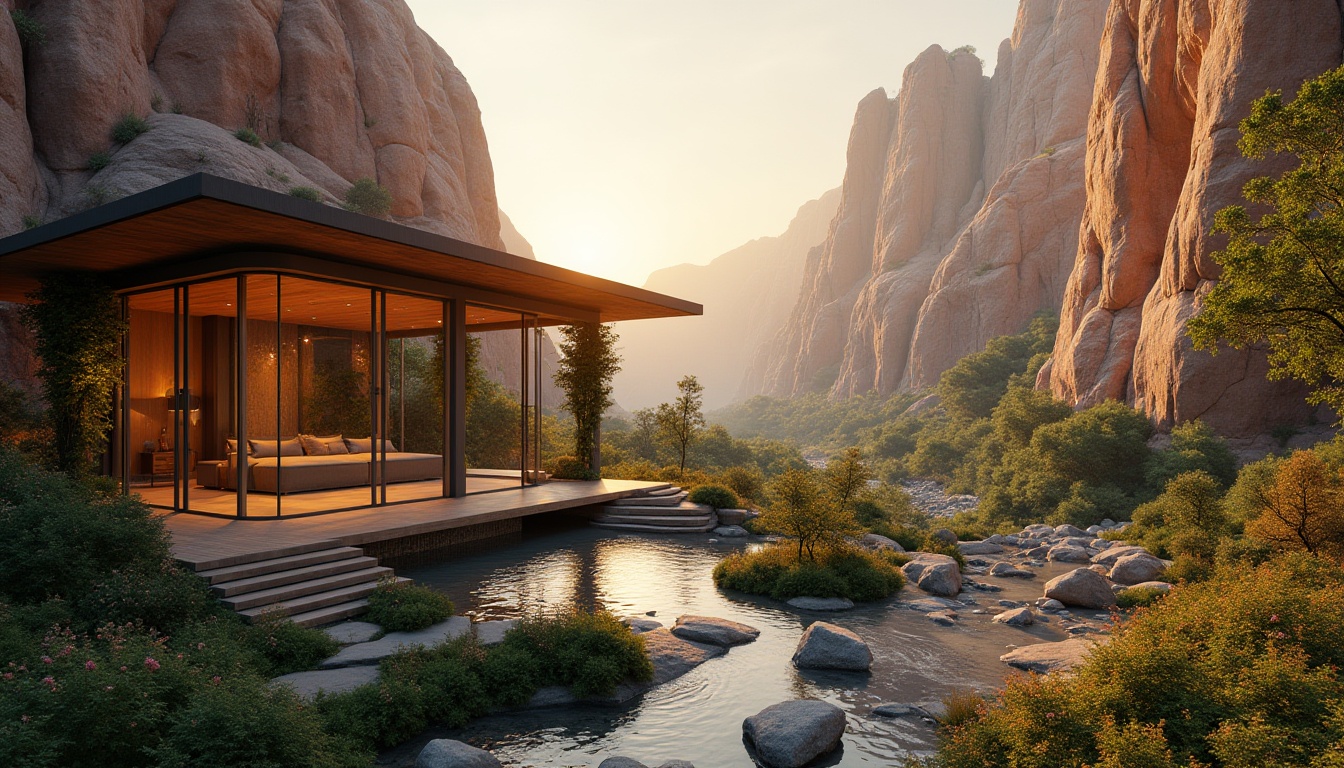 Prompt: Canyon landscape, majestic rock formations, sunset time, warm golden light, Integrating pavilion design, modern architecture, glass walls, steel frames, wooden accents, curved lines, minimalist style, surrounded by lush greenery, vines crawling up pillars, flowers blooming in vibrant colors, water features, small ponds, gentle streams, stepping stones, winding pathways, dramatic cliffs, vast open spaces, cinematic composition, panoramic view, soft natural lighting.