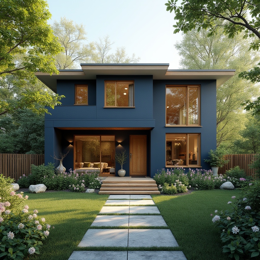 Prompt: Suburban house, indigo color exterior walls, modern minimalist style, large windows, wooden frames, clean lines, flat roof, surrounded by lush greenery, garden with blooming flowers, stone pathway, warm afternoon sunlight, soft shadows, 3/4 composition, natural materials, earthy tone, serene atmosphere, peaceful suburban neighborhood.