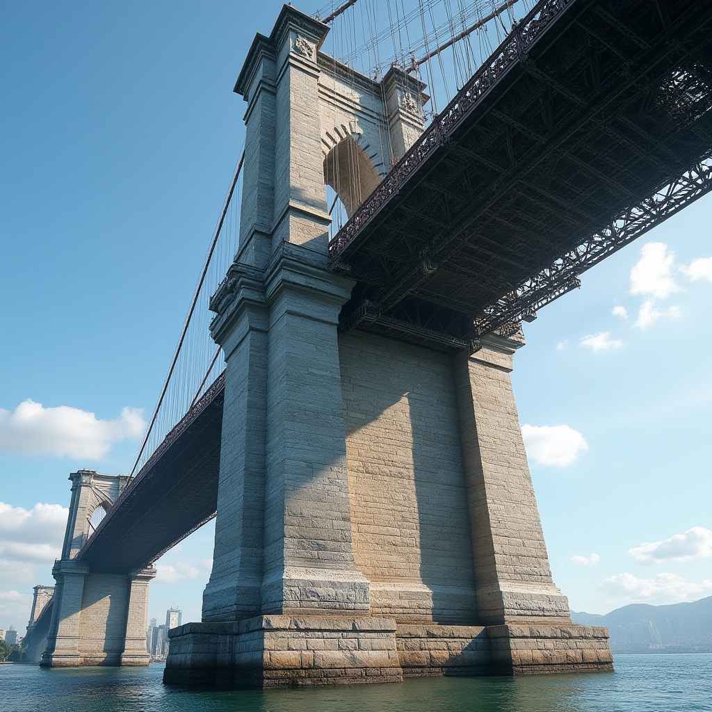 Prompt: Granite bridge pillar, majestic, strong, natural texture, rough surface, grayish-brown color, intricate stone pattern, monumental structure, arch-shaped bridge, steel beam, suspension cable, urban cityscape, modern architecture, blue sky, white clouds, daytime, sunlight casting dramatic shadows, low-angle shot, wide-angle lens, cinematic composition, depth of field.