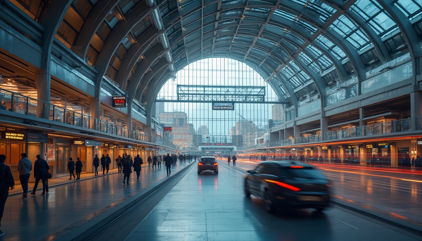 Prompt: Modern transportation hub, futuristic architecture, steel beams, glass façade, angular shapes, neon lights, urban setting, cityscape, busy streets, pedestrians walking, vehicles moving, blurred motion, evening time, warm lighting, 3/4 composition, symmetrical balance, dynamic diagonal lines, concrete pillars, metal railings, electronic displays, departures board, abstract patterns, reflective surfaces, metallic textures, high-tech atmosphere.