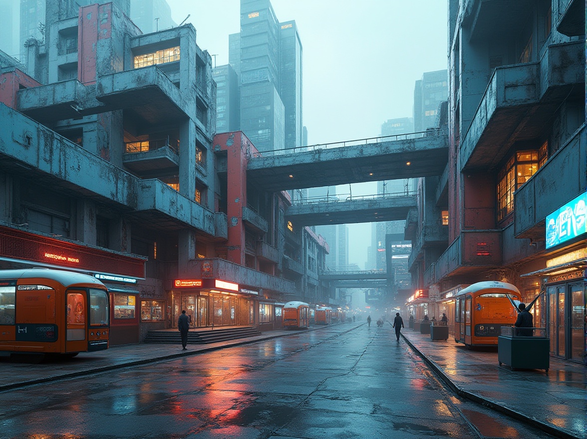 Prompt: Deconstructivist bus station, futuristic architecture, irregular shapes, fragmented structures, multiple angles, conflicting geometries, bold color scheme, neon lights, LED displays, digital signage, abstract patterns, distorted reflections, urban landscape, cityscape, metropolitan atmosphere, daytime, overcast sky, soft focus, shallow depth of field, cinematic composition.