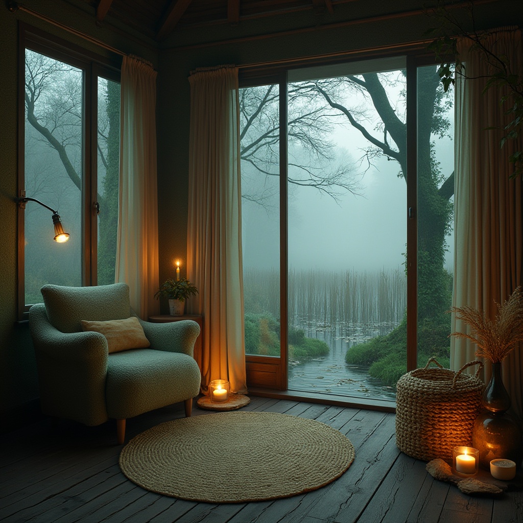 Prompt: Wetland cottage, cozy interior, plush armchair, wooden coffee table, woven basket, nature-inspired decor, soft moss-green walls, warm candlelight, floor-to-ceiling windows, misty wetland views, foggy morning atmosphere, eerie silence, twisted tree branches, murky waters, lily pads, water lilies, cattails, soft focus, shallow depth of field, cinematic composition, 3/4 view, natural textures.