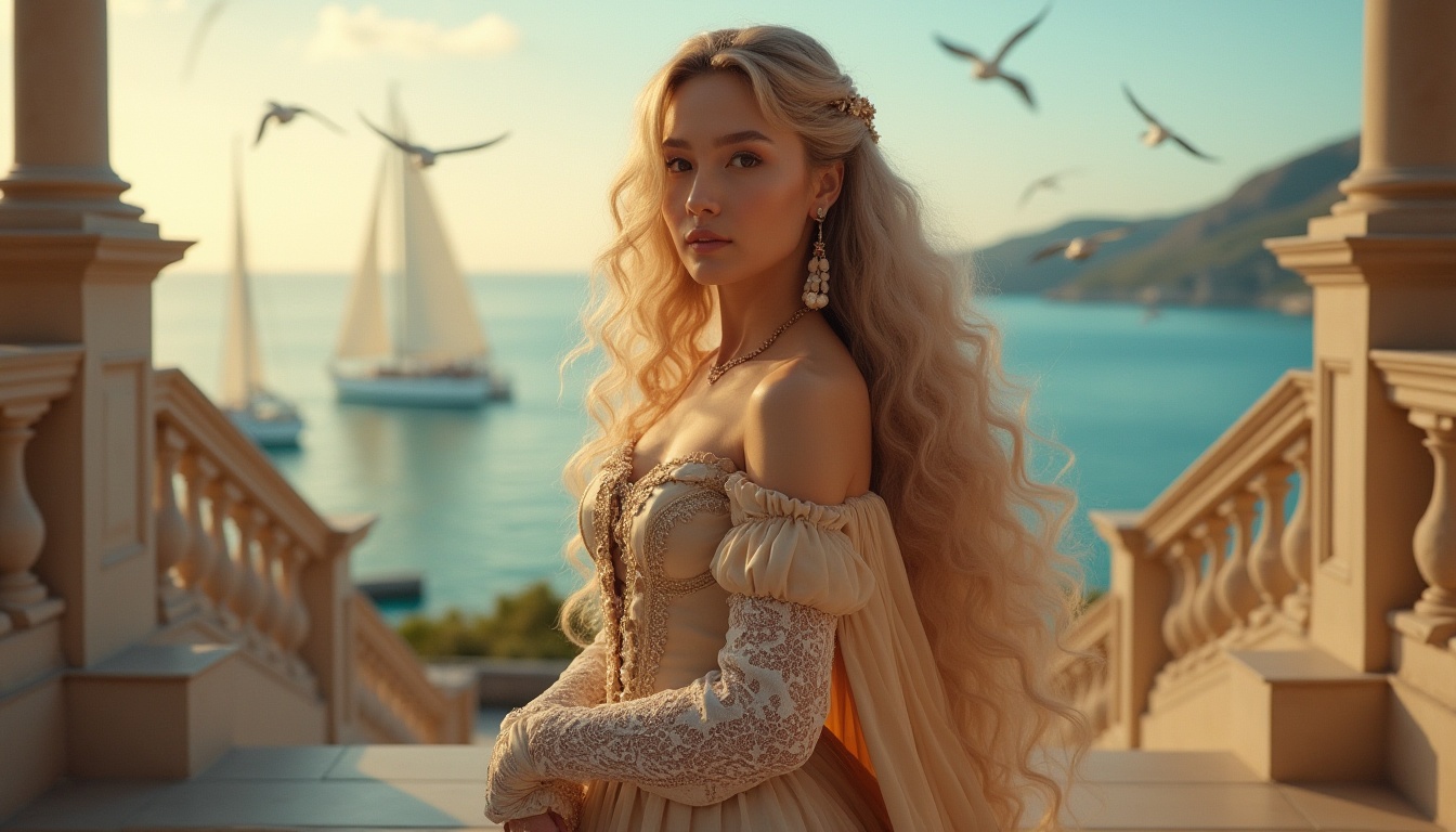 Prompt: Elegant lady, Renaissance-inspired attire, flowing golden hair, soft curls, gentle makeup, intricate lace gloves, ornate jewelry, luxurious velvet cloak, delicate silk dress, corseted waist, puffy sleeves, standing, coastal scenery, Mediterranean villa, marble columns, grand staircase, overlooking turquoise waters, sailboats in the distance, seagulls flying overhead, warm sunset light, soft focus, shallow depth of field, cinematic composition, elegant pose, refined facial expression.