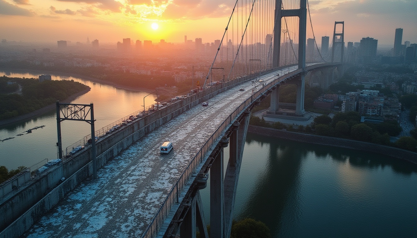 Prompt: Granite, bridge, infrastructure, architectural, monumental, robust, strong columns, rugged texture, grey and white flecks, glossy finish, urban landscape, cityscape, metropolitan, concrete piers, steel beams, suspension cables, river crossing, valley span, sunset lighting, dramatic shadows, aerial view, 3/4 composition, high contrast, cinematic mood.