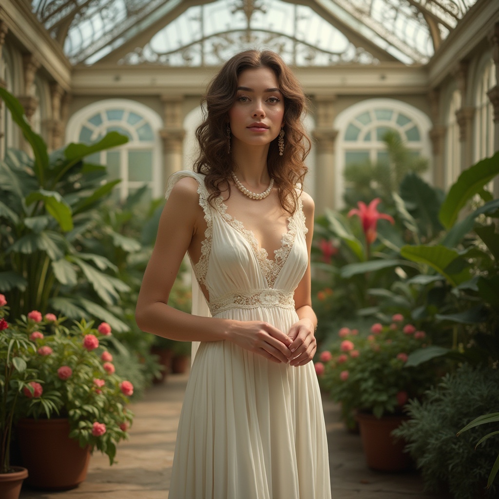 Prompt: Elegant lady, neoclassical style, standing, greenhouse interior, lush greenery, exotic flowers, ornate iron framework, glass roof, soft natural light, warm ambient atmosphere, flowing white dress, delicate lace details, pearl necklace, curly brown hair, subtle makeup, refined facial features, gentle hand gesture, surrounded by potted plants, stone flooring, intricate moldings, symmetrical composition, 3/4 view, warm color palette, filmic texture.