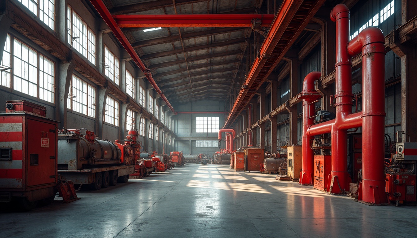 Prompt: Industrial factory, vibrant red accents, steel beams, rusty metal walls, bold red stripes on machinery, red warning signs, concrete floors, large windows, natural light, modern architecture, urban landscape, cityscape, dramatic lighting, low-angle shot, dynamic composition, industrial atmosphere.