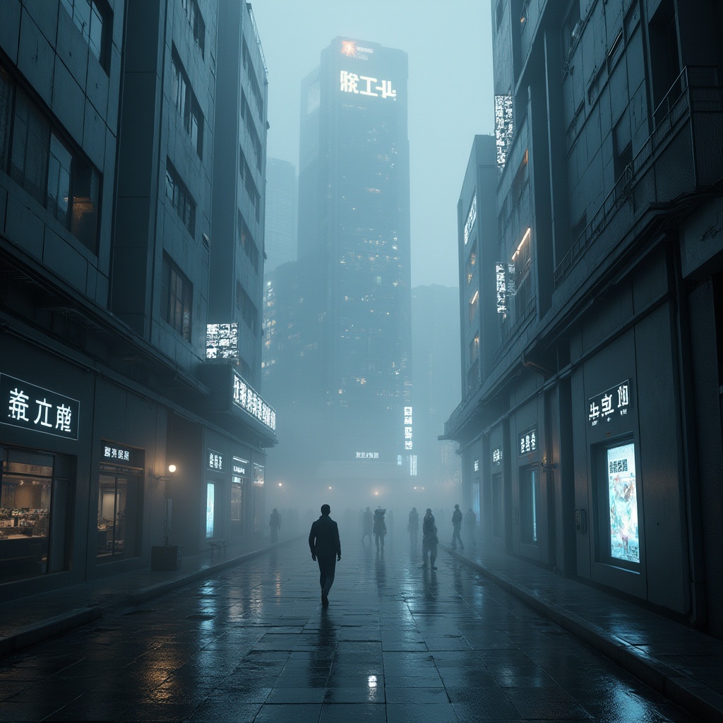 Prompt: Futuristic gray tone color palette, high-tech style, metallic materials, neon lights, sleek lines, minimalist architecture, skyscraper cityscape, night scene, foggy atmosphere, misty ambiance, dark alleys, cyberpunk theme, LED billboard advertisements, holographic displays, robotic figures in the background, 3/4 composition, low-angle shot, cinematic lighting, misty fog effect, urban landscape.