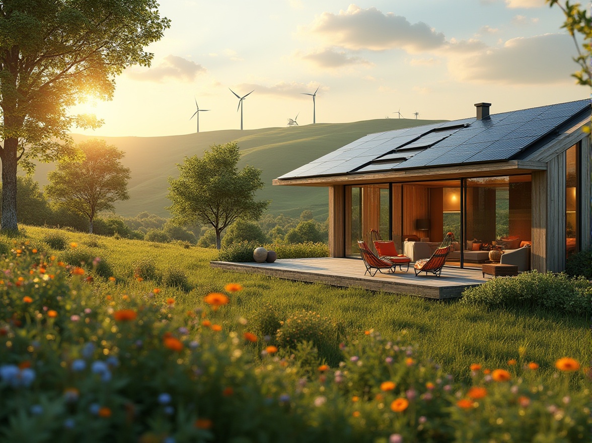 Prompt: Rural landscape, countryside, innovative design, modern architecture, eco-friendly materials, wooden accents, large windows, natural light, green roofs, solar panels, wind turbines, outdoor seating area, hammock, trees, wildflowers, meadow, rolling hills, sunset, warm lighting, 3/4 composition, panoramic view, soft focus, shallow depth of field.