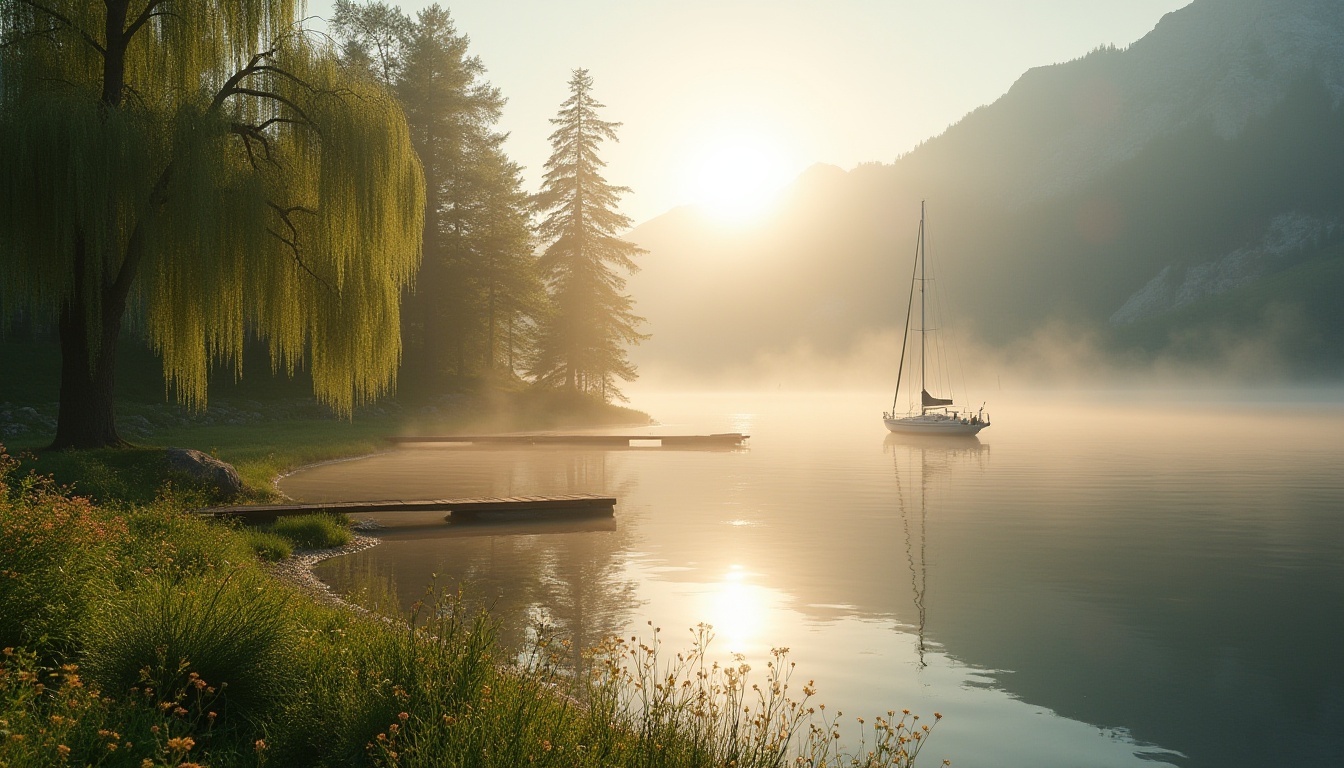 Prompt: Serene lakefront scene, early morning mist, soft golden light, calm water reflection, lush greenery, tall trees, weeping willows, blooming wildflowers, wooden dock, few sailboats, tranquil atmosphere, distant mountains, misty fog rolling in, warm ambient lighting, gentle lapping of waves against the shore, 3/4 composition, shallow depth of field, cinematic mood, peaceful ambiance.