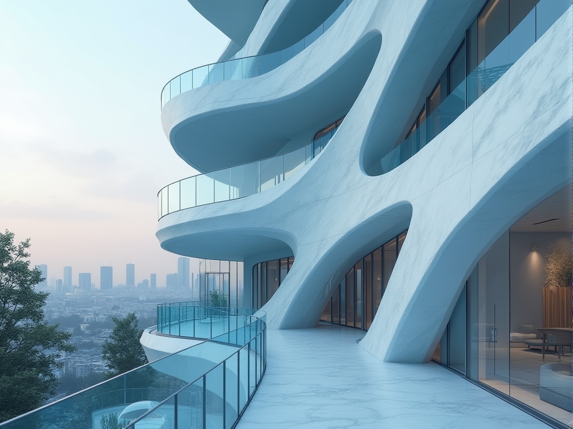 Prompt: Powder blue building, modern minimalist architecture, sleek lines, glass facade, subtle gradient effect, gentle curves, calming atmosphere, urban cityscape, skyscraper, rooftop garden, powder blue accents, metallic trim, marble flooring, luxurious interior design, warm lighting, soft shadows, 3/4 composition, cinematic angle.