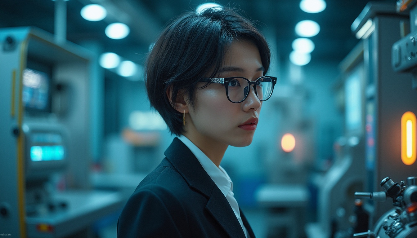 Prompt: A futuristic designer, emotional expression, 30s, short hair, stylish glasses, elegant makeup, formal wear, standing, futuristic laboratory, sleek machines, neon lights, metallic materials, intricate details, shallow depth of field, vibrant colors, dramatic lighting, cinematic composition, high-tech atmosphere.