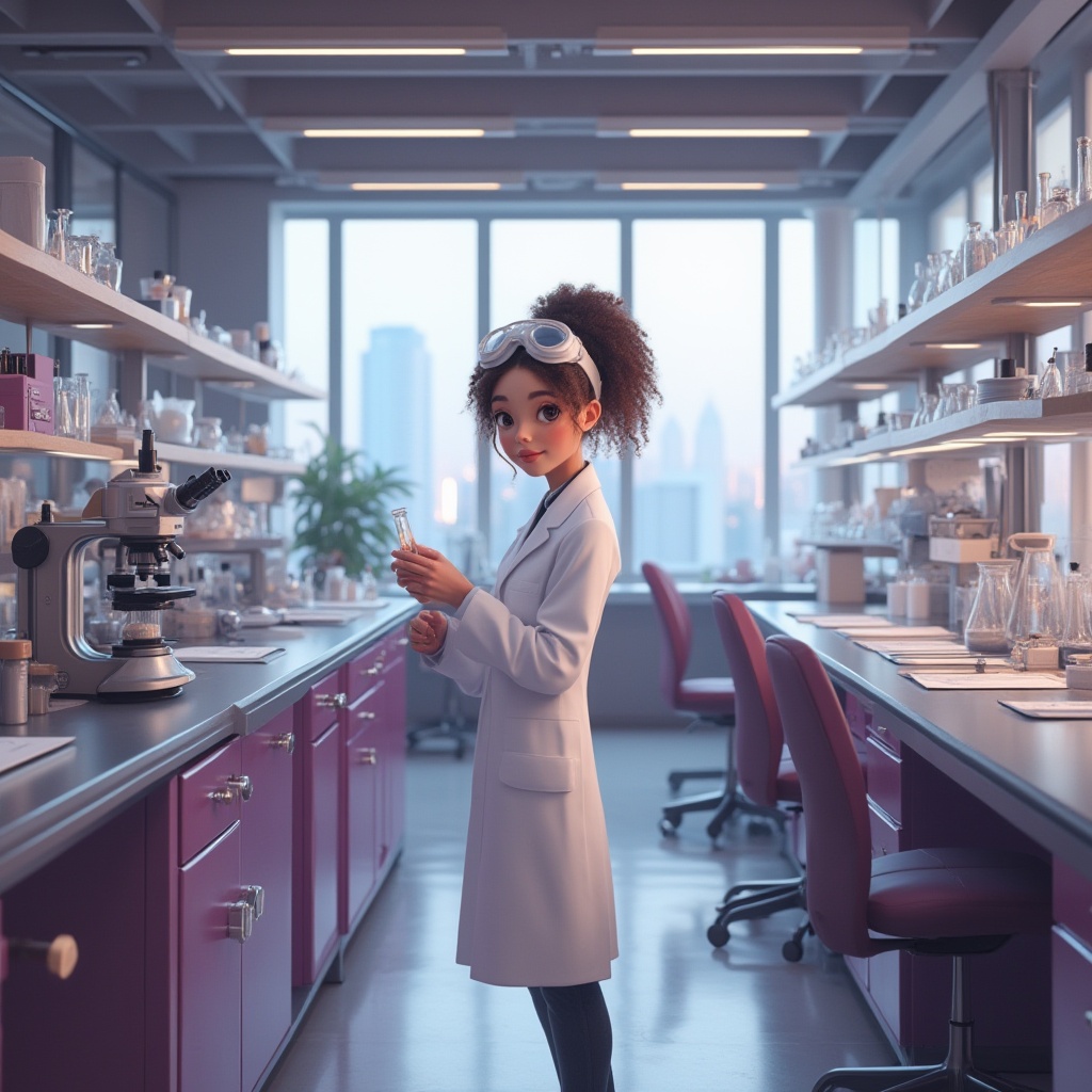 Prompt: Modern laboratory, plum color accents, sleek countertops, metallic equipment, scientist in white coat, goggles on forehead, curly brown hair, minimal makeup, holding pipette, standing near futuristic microscope, wooden shelves with various beakers, plum-colored storage cabinets, stainless steel tables, ergonomic chairs, large windows with cityscape view, natural light pouring in, softbox lighting, shallow depth of field, contemporary composition.